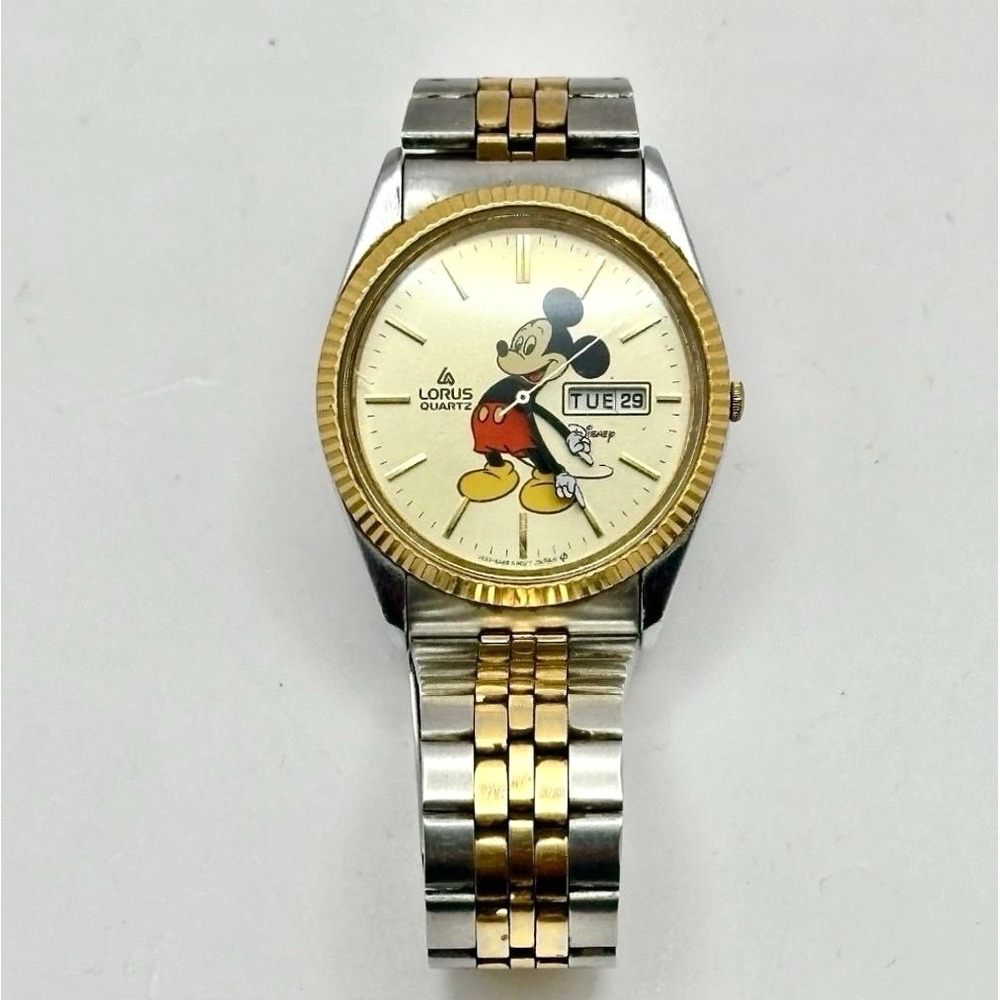 Vintage Lorus Disney Mickey Mouse Quartz Watch V533-8A10 Day Date Two Tone